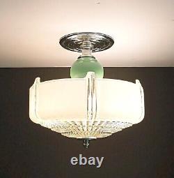 Antique Art Deco Nouveau Victorian Glass Chrome Green Ceiling Light Fixture Vtg