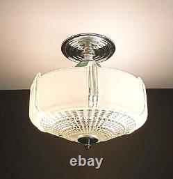 Antique Art Deco Nouveau Victorian Glass Chrome Green Ceiling Light Fixture Vtg