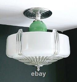 Antique Art Deco Nouveau Victorian Glass Chrome Green Ceiling Light Fixture Vtg