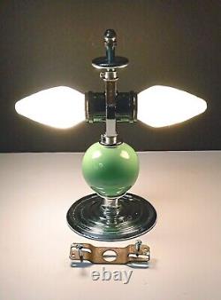 Antique Art Deco Nouveau Victorian Glass Chrome Green Ceiling Light Fixture Vtg