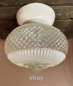 Antique Art Deco Nouveau Victorian Ribbed Diamond Glass Ceiling Light Fixture