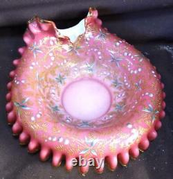 Antique Art Glass Enamel Painted Decoration Brides Basket Bowl Dish Pink White