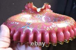 Antique Art Glass Enamel Painted Decoration Brides Basket Bowl Dish Pink White