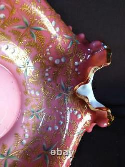 Antique Art Glass Enamel Painted Decoration Brides Basket Bowl Dish Pink White
