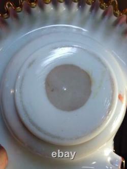 Antique Art Glass Enamel Painted Decoration Brides Basket Bowl Dish Pink White