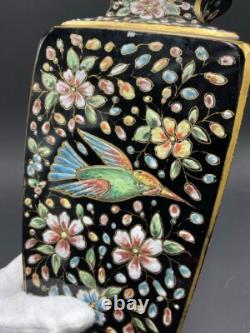 Antique Art Glass Hand Painted Black Glass Moser Vase Antique Art Glass Hand Painted Black Glass Moser Vase