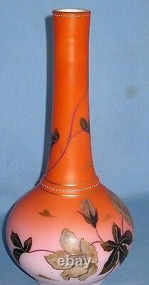 Antique Art Glass Peach Blow Overlay Vase HP Enameled Gold Trim 11 3/8h 1880