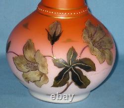 Antique Art Glass Peach Blow Overlay Vase HP Enameled Gold Trim 11 3/8h 1880