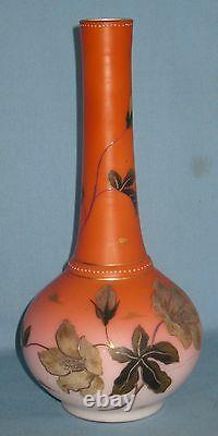Antique Art Glass Peach Blow Overlay Vase HP Enameled Gold Trim 11 3/8h 1880