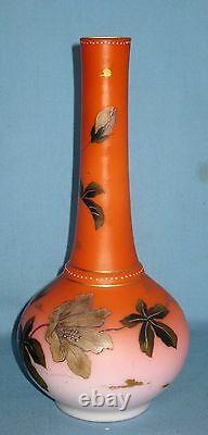 Antique Art Glass Peach Blow Overlay Vase HP Enameled Gold Trim 11 3/8h 1880