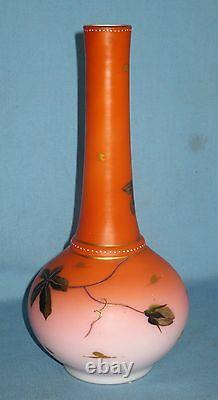 Antique Art Glass Peach Blow Overlay Vase HP Enameled Gold Trim 11 3/8h 1880