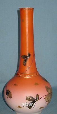 Antique Art Glass Peach Blow Overlay Vase HP Enameled Gold Trim 11 3/8h 1880