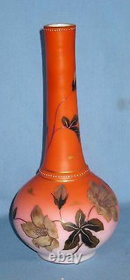 Antique Art Glass Peach Blow Overlay Vase HP Enameled Gold Trim 11 3/8h 1880