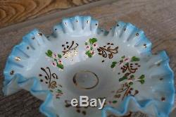 Antique Art Glass Small Ruffled Brides Basket Handpainted Jewelry Bowl Victorian