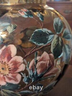 Antique Art Glass Vase Victorian Enamel Flowers Amber Thumbprint 19th Century