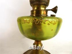 Antique Art Nouveau Brass Oil Lamp Green Glass Font Matador Burner With Shade