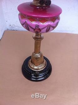 Antique Art Nouveau Column Brass & Cranberry Glass Oil Lamp UPC 5060475010077