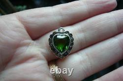 Antique Art Nouveau Deco Paste Emerald Green Jewel Sterling Heart Pendant Glass