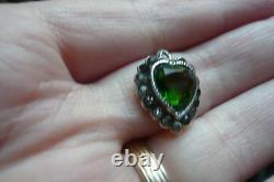 Antique Art Nouveau Deco Paste Emerald Green Jewel Sterling Heart Pendant Glass