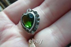 Antique Art Nouveau Deco Paste Emerald Green Jewel Sterling Heart Pendant Glass