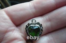 Antique Art Nouveau Deco Paste Emerald Green Jewel Sterling Heart Pendant Glass