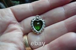 Antique Art Nouveau Deco Paste Emerald Green Jewel Sterling Heart Pendant Glass