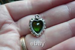 Antique Art Nouveau Deco Paste Emerald Green Jewel Sterling Heart Pendant Glass