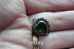 Antique Art Nouveau Deco Paste Emerald Green Jewel Sterling Heart Pendant Glass