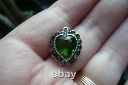 Antique Art Nouveau Deco Paste Emerald Green Jewel Sterling Heart Pendant Glass