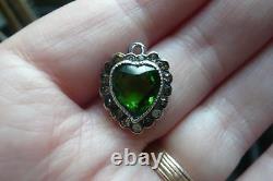 Antique Art Nouveau Deco Paste Emerald Green Jewel Sterling Heart Pendant Glass