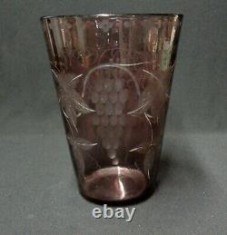 Antique Art Nouveau Etched Amethyst Glass Vase Grapevine Motif