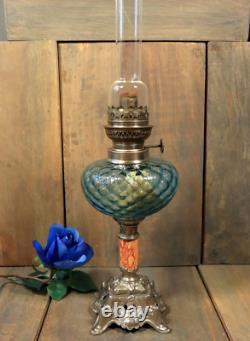 Antique Art Nouveau French Table Oil Lamp Blue Glass Parlor Victorian c1900 Antique Art Nouveau French Table Oil Lamp Blue Glass Parlor Victorian c1900