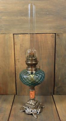 Antique Art Nouveau French Table Oil Lamp Blue Glass Parlor Victorian c1900 Antique Art Nouveau French Table Oil Lamp Blue Glass Parlor Victorian c1900