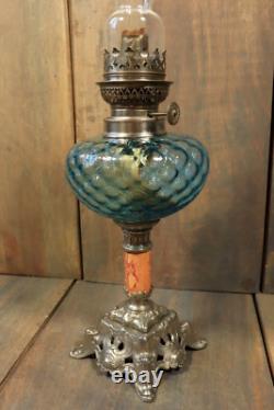 Antique Art Nouveau French Table Oil Lamp Blue Glass Parlor Victorian c1900 Antique Art Nouveau French Table Oil Lamp Blue Glass Parlor Victorian c1900