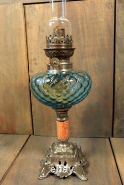 Antique Art Nouveau French Table Oil Lamp Blue Glass Parlor Victorian c1900 Antique Art Nouveau French Table Oil Lamp Blue Glass Parlor Victorian c1900