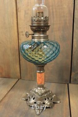 Antique Art Nouveau French Table Oil Lamp Blue Glass Parlor Victorian c1900 Antique Art Nouveau French Table Oil Lamp Blue Glass Parlor Victorian c1900