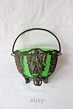 Antique Art Nouveau French uranium glass candy dish metal mounts c 1900