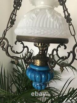 Antique Art Nouveau Oil Light Ceiling Victorian Milk Glass Opaline Majolica
