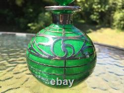 Antique Art Nouveau Silver Overlay on Green Glass Perfume Bottle