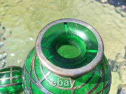 Antique Art Nouveau Silver Overlay on Green Glass Perfume Bottle