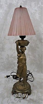 Antique Art Nouveau Spelter Figural Boudoir Lamp Victorian Woman Glass Shade 19