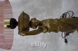 Antique Art Nouveau Spelter Figural Boudoir Lamp Victorian Woman Glass Shade 19