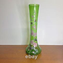 Antique Art Nouveau Victorian Bohemian Uranium Glass Hand Painted Vase Optic Rib
