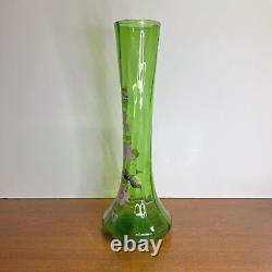 Antique Art Nouveau Victorian Bohemian Uranium Glass Hand Painted Vase Optic Rib