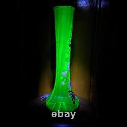 Antique Art Nouveau Victorian Bohemian Uranium Glass Hand Painted Vase Optic Rib