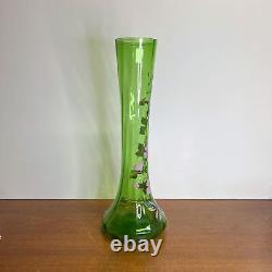 Antique Art Nouveau Victorian Bohemian Uranium Glass Hand Painted Vase Optic Rib