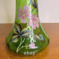 Antique Art Nouveau Victorian Bohemian Uranium Glass Hand Painted Vase Optic Rib