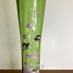 Antique Art Nouveau Victorian Bohemian Uranium Glass Hand Painted Vase Optic Rib