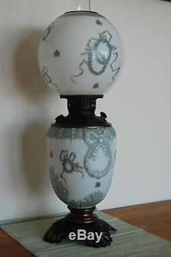 Antique Art Nouveau Victorian Oil Kerosene Ribbon Bow Wreath Blue Glass Lamp