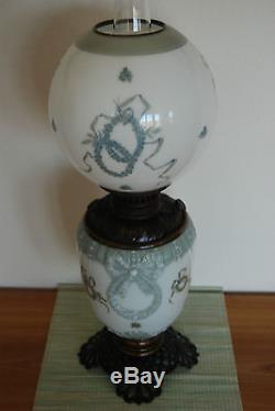 Antique Art Nouveau Victorian Oil Kerosene Ribbon Bow Wreath Blue Glass Lamp